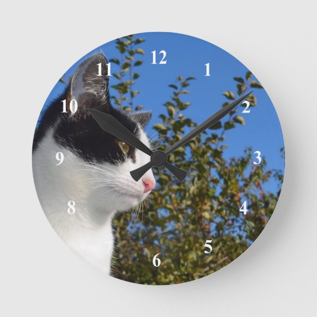 Cat Black and White Profile Photo Round Clock (Front)