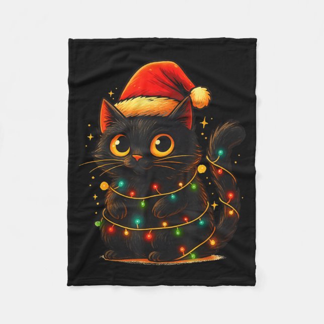 Cat Black Christmas Tree Lights Funny Santa Kitten Fleece Blanket (Front)