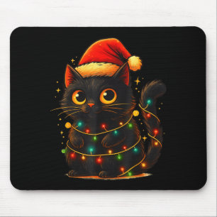 Cat Black Christmas Tree Lights Funny Santa Kitten Mouse Pad