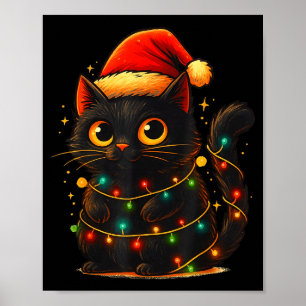 Cat Black Christmas Tree Lights Funny Santa Kitten Poster