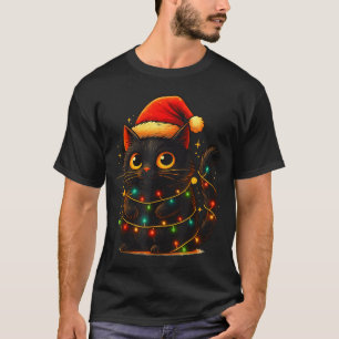 Cat Black Christmas Tree Lights Funny Santa Kitten T-Shirt