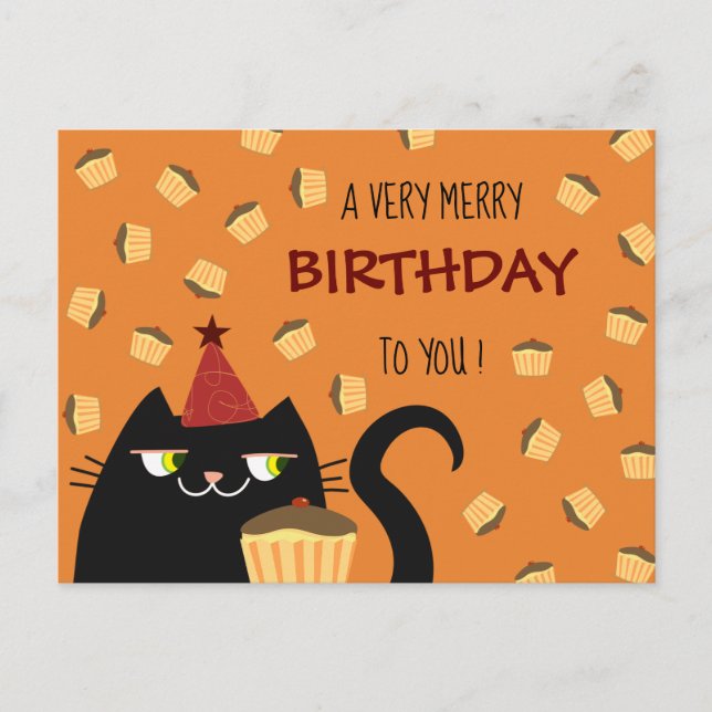 Cat Black Cute Birthday Cake Vibrant Colours Moder Holiday Postcard (Front)