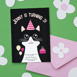 Cat black pink birthday invitation card