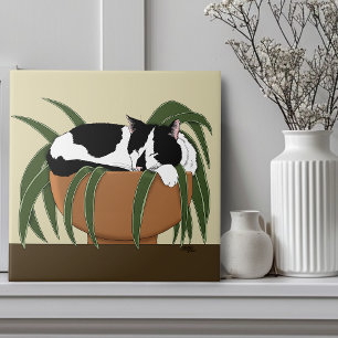 Cat Black White Plant Funny Ceramic Tile