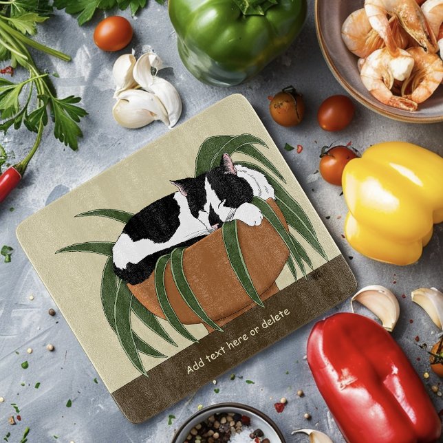 Cat Black White Plant Funny Cutting Board (Creator Uploaded)
