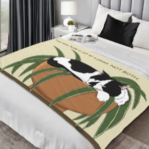 Cat Black White Plant Funny Fleece Blanket