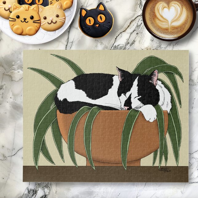 Cat Black White Plant Funny Jigsaw Puzzle (Creator Uploaded)