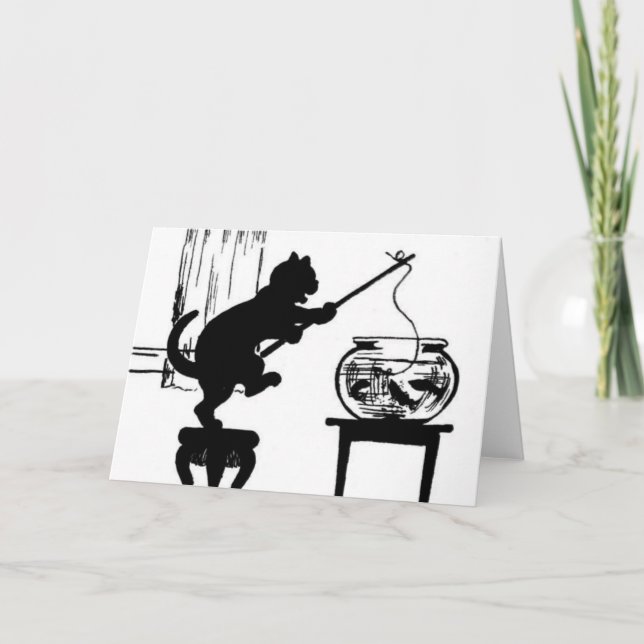 Cat Black/White Silhouette Fishing in Fish Bowl Card (Front)