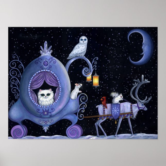 Cat Blue Carriage Winter Snowy Owl White Deer Cute Poster (Front)