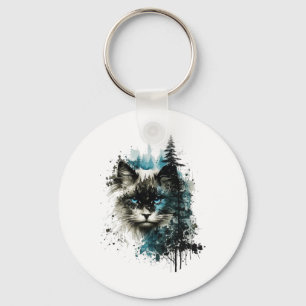 Cat Blue Eyes Cat Motif Art Forest Animal Cat Key Ring