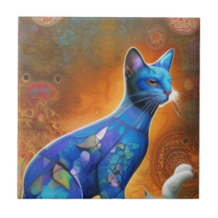 Cat blue mosaic abstract kitty voices ceramic tile