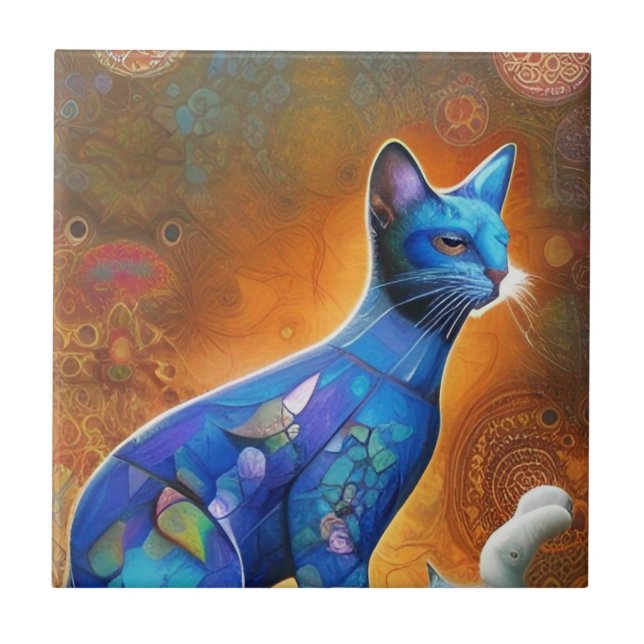 Cat blue mosaic abstract kitty voices ceramic tile (Front)
