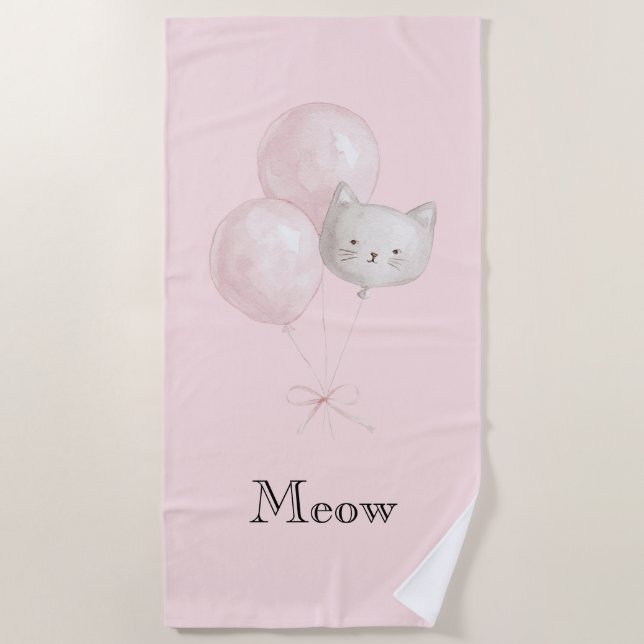 Cat Blush Pink Balloons   Beach Towel (Front)