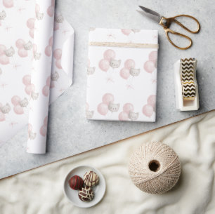 Cat Blush Pink Balloons Birthday Wrapping Paper