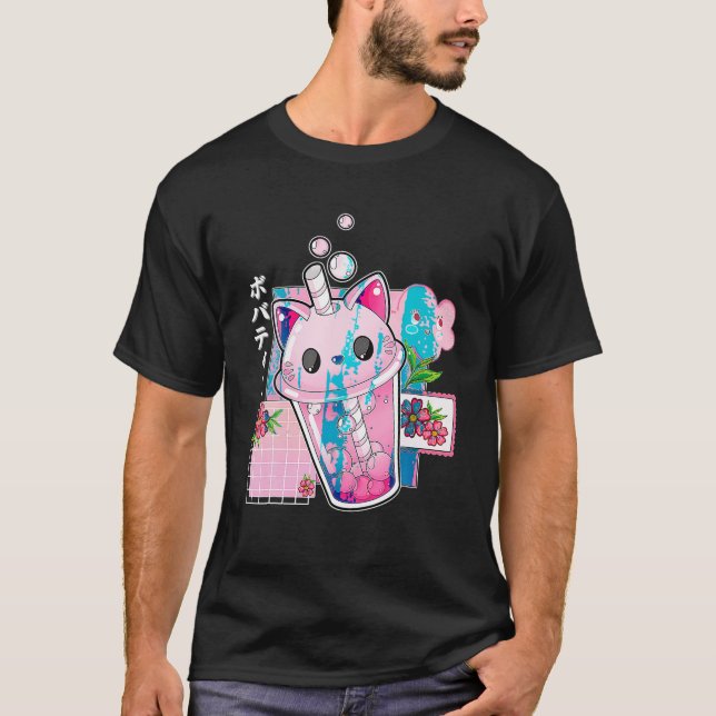 Cat Boba Anime Bubble Tea Neko Girls Kawaii Girls  T-Shirt (Front)