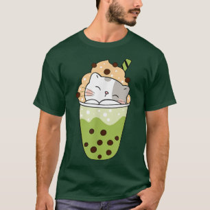 Cat boba matcha Boba bubble tea adorable anime kaw T-Shirt