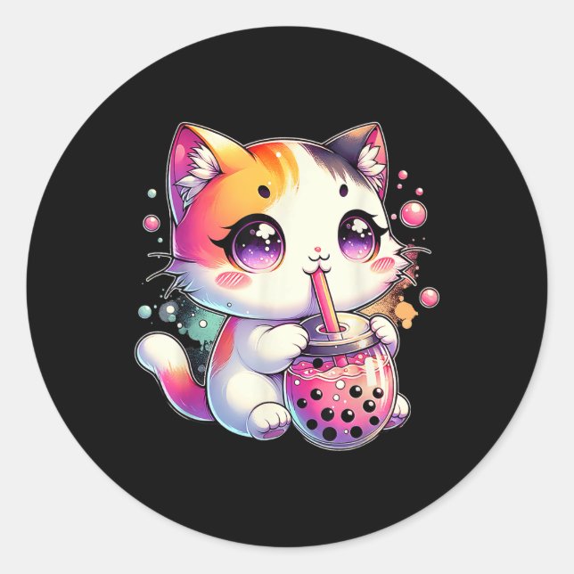 Cat Boba Tea Anime Japanese Kawaii Neko Bubble Tea Classic Round Sticker (Front)