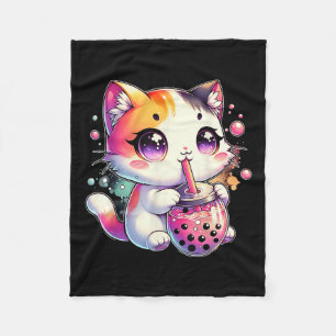 Cat Boba Tea Anime Japanese Kawaii Neko Bubble Tea Fleece Blanket