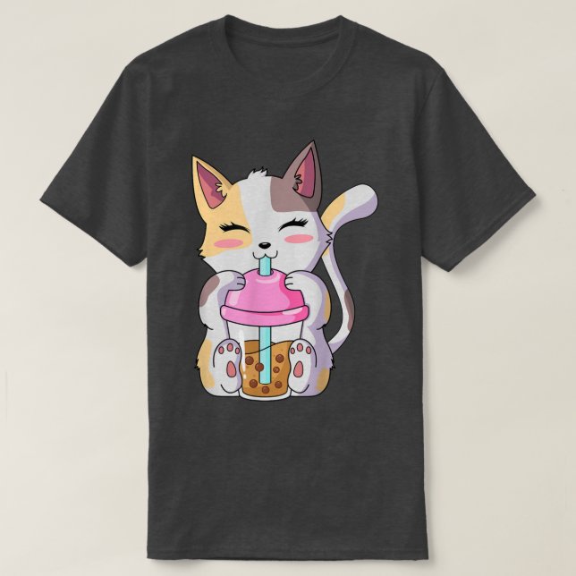 Cat Boba Tea Anime Kawaii Neko Bubble Tea Teen Gir T-Shirt (Design Front)