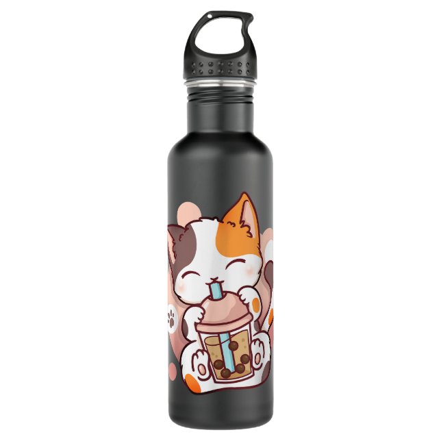 Cat Boba Tea Bubble Tea Anime Kawaii Neko  710 Ml Water Bottle (Front)