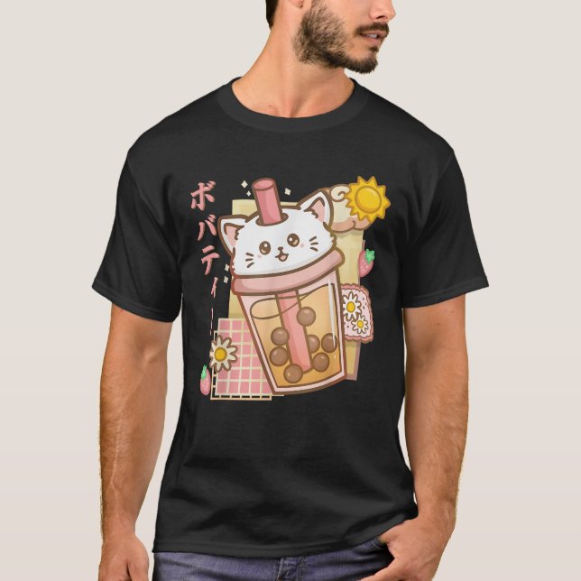 Cat Boba Tea Bubble Tea Anime Kawaii Neko Cat Boba T-Shirt (Front)