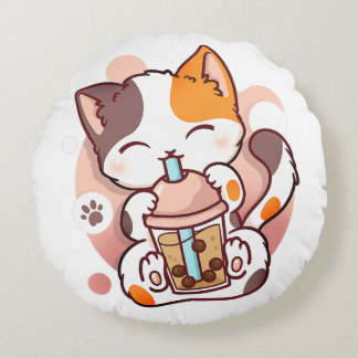 Cat Boba Tea Bubble Tea Anime Kawaii Neko for Girl Round Cushion