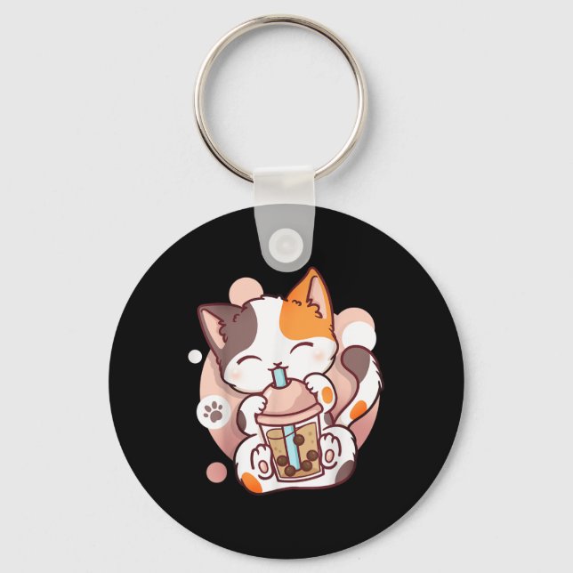 Cat Boba Tea Bubble Tea Anime Kawaii Neko  Key Ring (Front)