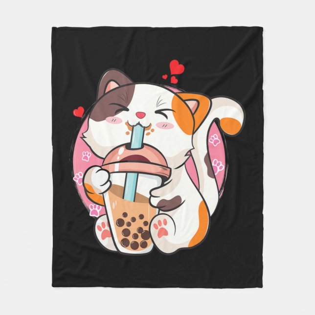 Cat Boba Tea Bubble Tea Anime Kawaii Neko Kids Tee Fleece Blanket (Front)