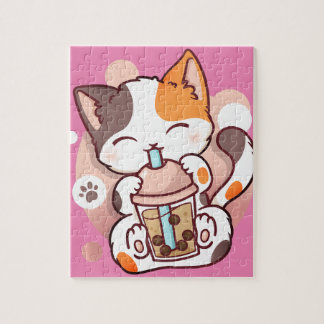 cat boba tea bubble tea anime kawaii neko pullover jigsaw puzzle