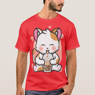 Cat Boba Tea Pastel Chibi Kitten Drinking Bubble T T-Shirt