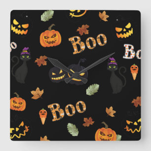 Cat Boo Halloween Square Wall Clock