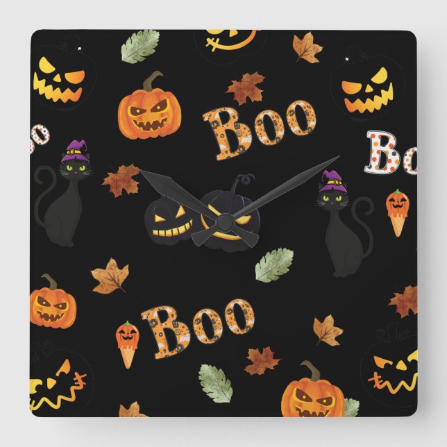 Cat Boo Halloween Square Wall Clock (Front)