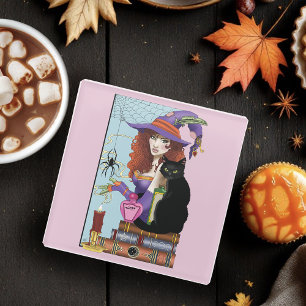 Cat Books Witch Potions Glass Coaster