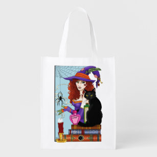 Cat Books Witch Potions Reusable Grocery Bag