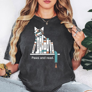 Cat Bookshelf Paws And Read Art T-Shirt