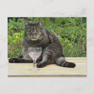 Cat 'Bram' on the table with a wine glass Postcard