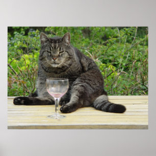 Cat 'Bram' on the table with a wine glass Poster