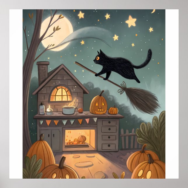 Cat & Broom Duo | Magical Halloween Night Poster (Front)