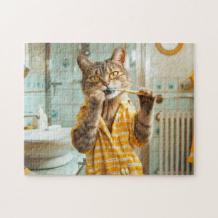 Cat brushing teeth in striped pajamas bathroom jigsaw puzzle