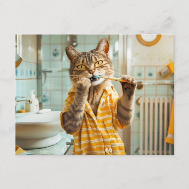 Cat brushing teeth in striped pyjamas bathroom holiday postcard (Front)
