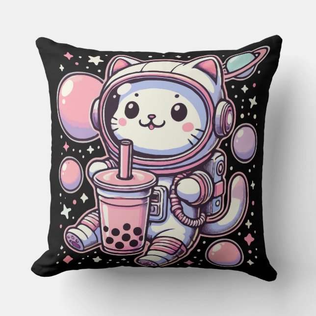 Cat Bubble Boba Tea In Space Astronaut Anime Cushion (Front)