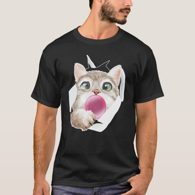 Cat Bubble Gum Cute Feline T-Shirt (Front)