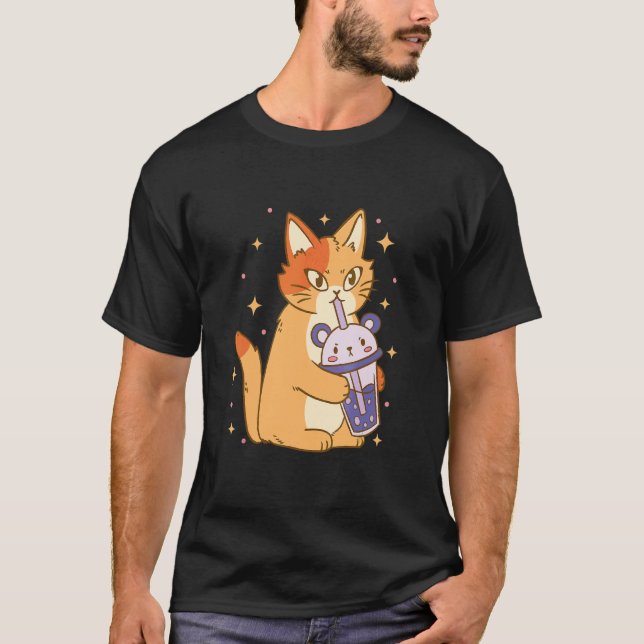 Cat Bubble Tea Cool Retro Fun Weird Bizarre Art T-Shirt (Front)
