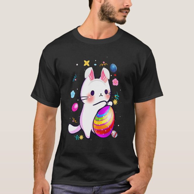 Cat Bunny Rabbit Easter Eggs Basket Egg Hunting Co T-Shirt (Front)