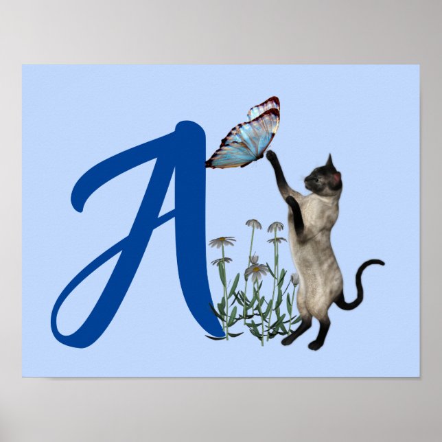Cat Butterfly Cute Monogram Initial A Personalised Poster (Front)