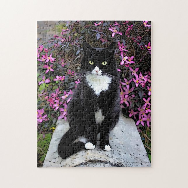 Cat by pink bush, jigsaw puzzle (Vertical)