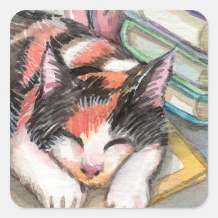 Cat by the Books Square Sticker