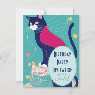 Cat cape birthday party invitation turquoise navy