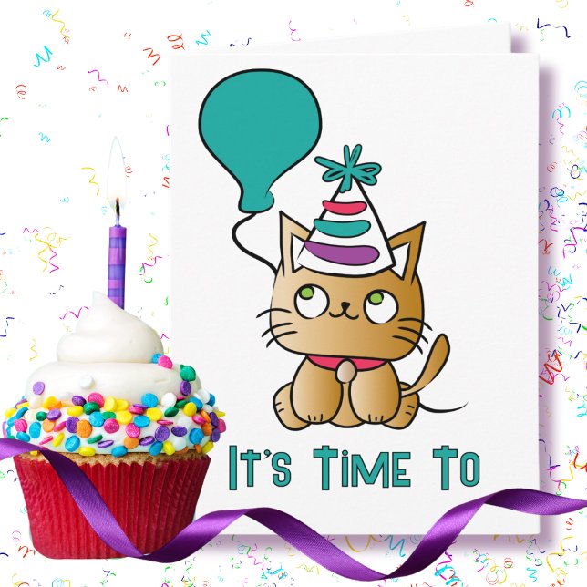 Cat Cartoon Cute Funny Time to Pawty Birthday Card (Creator Uploaded)