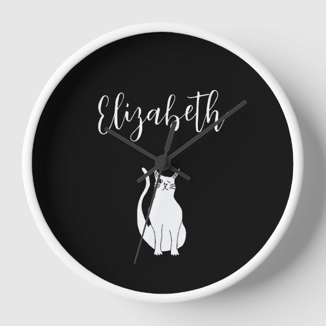 Cat Cartoon Drawing Black White Winking Kitty  Clock (Front)